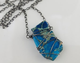 Natural Stone Slab  Necklace, Blue Marbled Stone on Sterling Silver Chain
