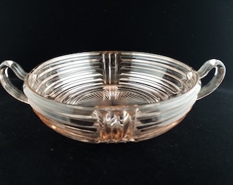 Pink Art Deco Handled Depression Glass Bowl, Anchor Hocking Manhattan, Vintage