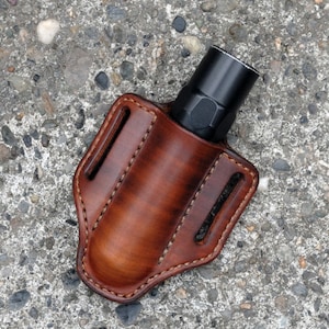 Flashlight holder for 1&quot; diameter flashlights, vertical carry L James Thieman Leathercraft Handmade Heirloom Quality Leathergoods