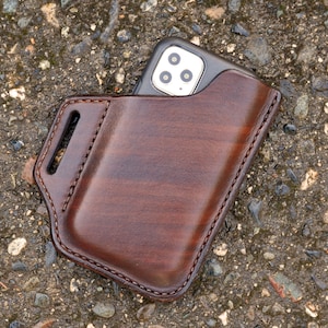 Leather iPhone 11 Pro Max phone holster Fits iPhone 11 Pro Max 6.5&quot; screen in Otterbox Symmetry iPhone case L James Thieman
