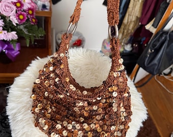 Vintage Sequin Crochet Purse | Chestnut Brown Y2K Handbag
