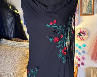 Vintage Sheer Black Maxi Dress | Beaded Rose Embroidery, Cowl Neck Gown