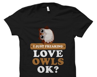 May include: Black t-shirt with a cartoon owl and the text "I just freaking love owls ok?"