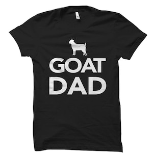 May include: Black t-shirt with a white silhouette of a goat and the text "GOAT DAD" printed on the front.