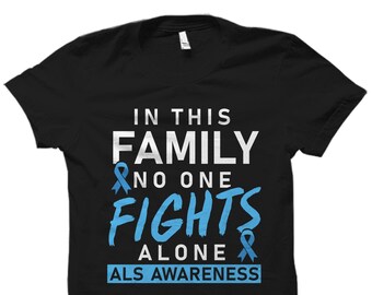May include: Black t-shirt with the text "In this family no one fights alone ALS awareness" and blue ribbon graphics.