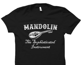 May include: Black t-shirt with a white graphic of a mandolin and the text "Mandolin The Sophisticated Instrument".