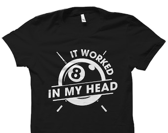Puede incluir: Camiseta negra con un gráfico de bola 8 blanca y el texto "It Worked In My Head".