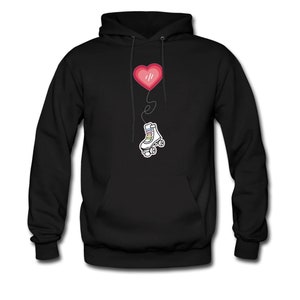 May include: Black hoodie with a white roller skate and a red heart balloon. The balloon is attached to the skate with a string.