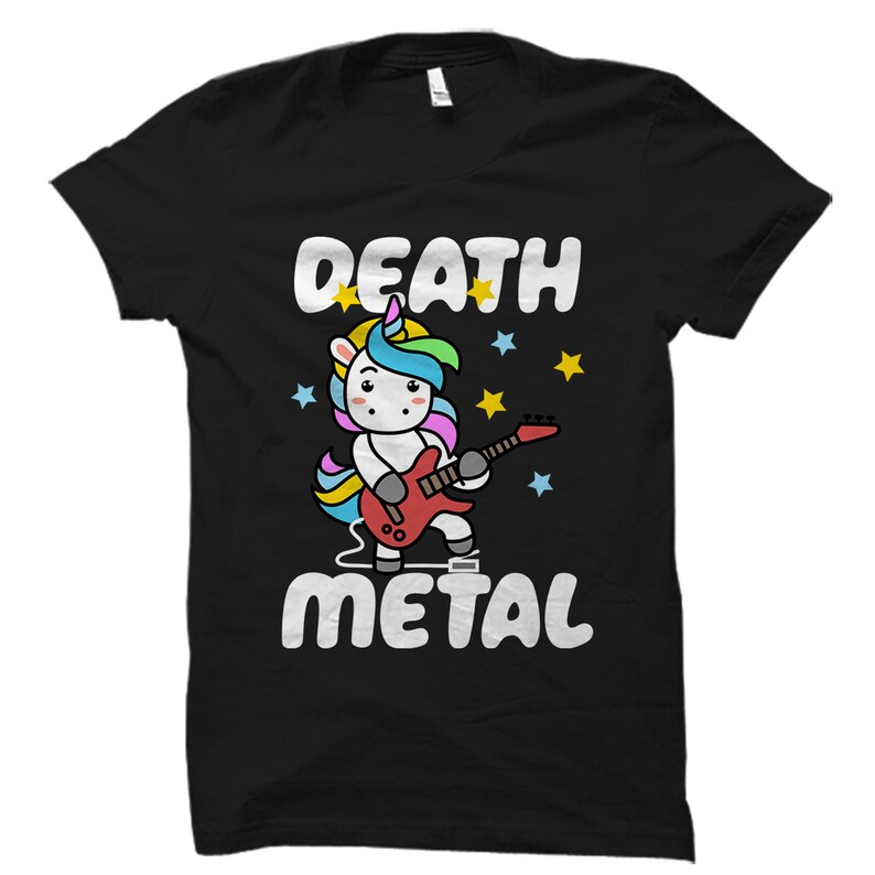 May include: Black t-shirt with a white unicorn playing a red electric guitar. The text "Death Metal" is printed in white on the shirt.