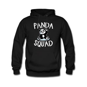 May include: Black hooded sweatshirt with white text that reads "Panda Squad" and a cartoon panda wearing a white headband.