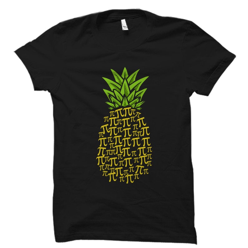 May include: Black t-shirt featuring a green pineapple design made up of yellow "pi" symbols.