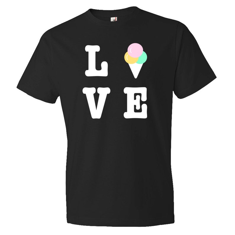 May include: Black t-shirt with white text that reads "LOVE" with an ice cream cone graphic in the "O".