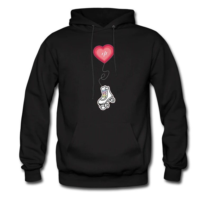 May include: Black hoodie with a white roller skate and a red heart balloon. The balloon is attached to the skate with a string.