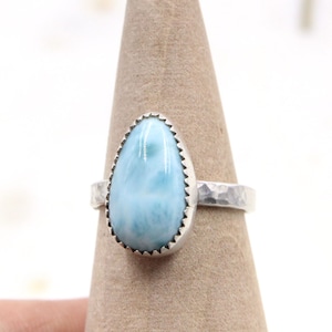 Sterling Silver Pear Larimar Ring, Gemstone Ring, Silver Hammered Ring, Larimar Jewelry, Minimalist Ring, Size 6 Ring
