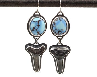 Sterling Silver Shark Teeth Earrings, Golden Hills Turquoise Earrings, Kazakhstan Turquoise Earrings, Dangle Earrings, Gemstone Earrings