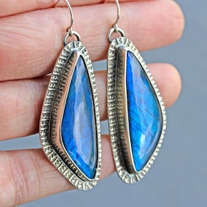 Sterling Silver Labradorite Earrings, Sterling Silver Stamped Dangle Earrings, Labradorite Jewelry