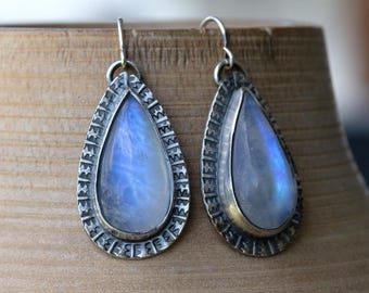 Sterling Silver Moonstone Earrings, Dangle Earrings, Sterling Silver Stamped Earrings
