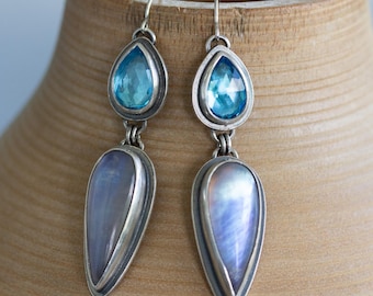 Oxidized Moonstone and Swiss Blue Topaz Earrings, Dangle Earrings