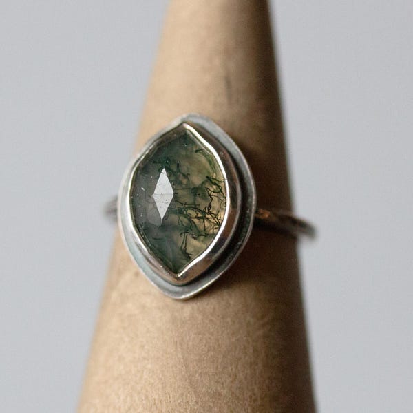 Sterling Silver Marquise Moss Agate Ring, Hammered Ring, Size 7