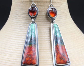 Sterling Silver Garnet and Sonora Sunrise Earrings, Statement Earrings, Dangle Earrings, Gemstone Earrings, Chrysocolla and Cuprite Earrings
