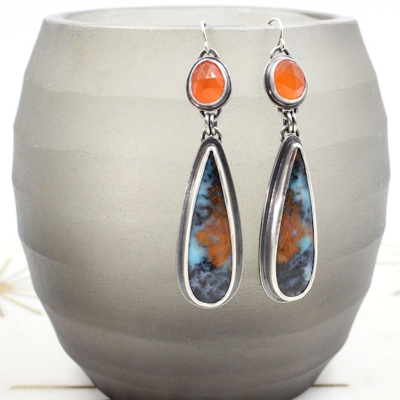 Sterling Silver Carnelian and Gem Silica Earrings, Dangle Earrings, Statement Earrings, Gemstone Earrings, Chrysocolla Earrings