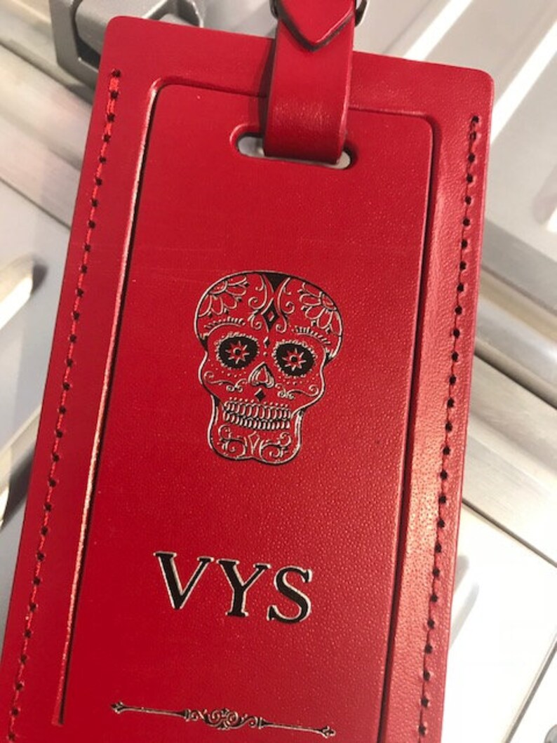 Skull luggage tag Luggage tag skull Personalized bag tag. Luggage tag leather Leather luggage tag Luggage tag Sugar skull luggage tag