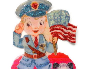 Valentine's Day Ornament Decoration, Vintage Card Imagery Red Glitter Sparkles, Retro Police American Flag Recycled Handmade OOAK Ephemera