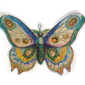 Butterfly Ornaments Decorations, Vintage Imagery Blue Green Glitter Sparkles, Garden Woodland Butterfly Moth Recycled OOAK Ephemera Handmade image 4