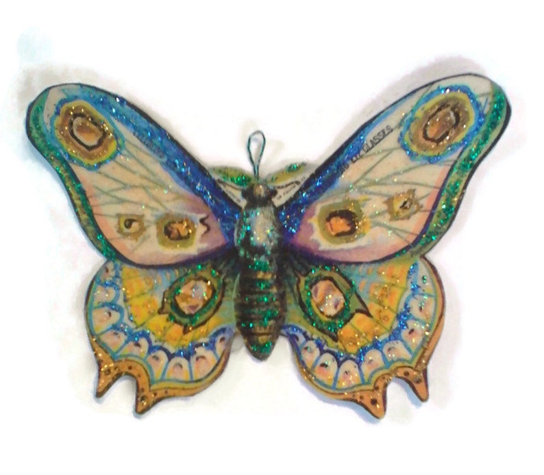 Butterfly Ornaments Decorations, Vintage Imagery Blue Green Glitter Sparkles, Garden Woodland Butterfly Moth Recycled OOAK Ephemera Handmade image 4