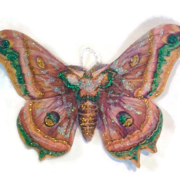 Butterfly Ornaments Decorations, Vintage Imagery Pink Green Glitter Sparkles, Garden Woodland Butterfly Moth Recycled OOAK Ephemera Handmade