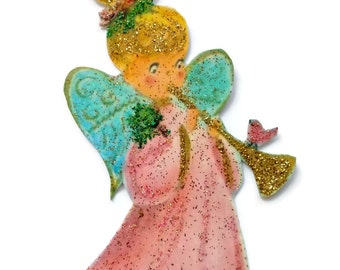 Christmas Tree Ornament Decoration, Vintage Imagery Blue Pink Glitter Sparkle, Holiday Angel Wings Horn Gift Handmade Recycled OOAK Ephemera