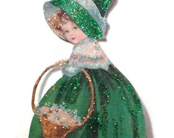 St Patricks Day Ornament Decoration, Vintage Imagery Green Glitter Sparkle, Irish Shamrock Lassie Magnet Recycled OOAK Ephemera Handmade RTS