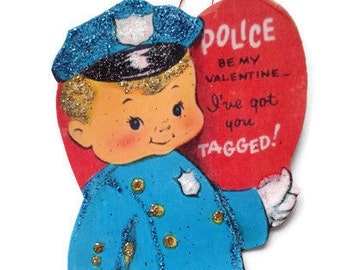 Valentine's Day Ornament Decoration, Vintage Card Imagery Red Glitter Sparkles, Retro Police Boy Heart Recycled Handmade OOAK Ephemera Gift