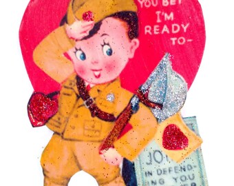 Valentine's Day Ornament Decoration, Vintage Card Imagery Red Glitter Sparkles, Army Military Boy Heart Love Handmade Recycled OOAK Ephemera