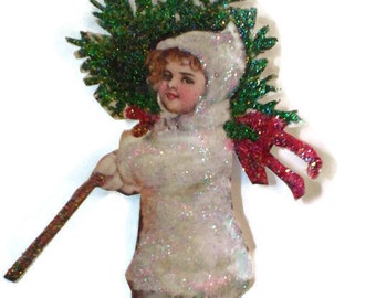 Christmas Tree Ornament Decoration, Vintage Imagery Green White Glitter Sparkles, Holly Tree Snow Girl Recycled OOAK Ephemera Handmade RTS