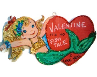 Valentine's Day Mermaid Ornament Decoration, Vintage Card Nautical Imagery Red Glitter Sparkles, Green Fish Handmade Recycled OOAK Ephemera