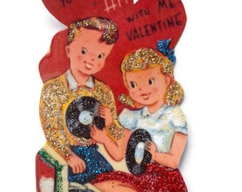 Valentine's Day Ornament Decoration, Vintage Card Imagery Red Glitter Sparkles, Retro Music Rock n Roll Recycled Handmade OOAK Ephemera Gift