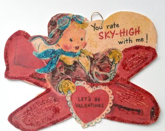 Valentine's Day Card Ornament Decoration, Vintage Imagery Red Glitter Sparkles, Retro Airplane Boy Love Handmade Recycled Ephemera OOAK Gift