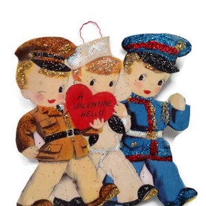 Valentine's Day Ornament Decoration, Vintage Card Imagery Red Glitter Sparkle, Retro Military Boys Army Recycled Handmade OOAK Ephemera Gift