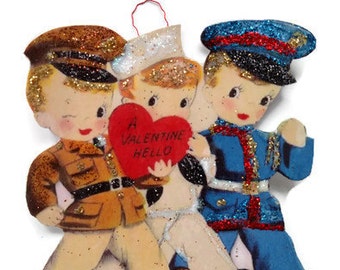 Valentine's Day Ornament Decoration, Vintage Card Imagery Red Glitter Sparkle, Retro Military Boys Army Recycled Handmade OOAK Ephemera Gift