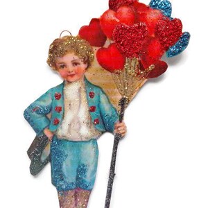 Valentine's Day Ornament Decoration, Vintage Card Imagery Red Glitter Sparkle, Victorian Heart Love Blue Boy Recycled Handmade OOAK Ephemera image 3