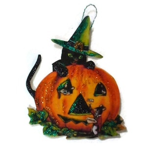 Halloween Ornament Decorations, Vintage Imagery Green Glitter Sparkles, Spooky Witch Cat Halloween Postcard Recycled Ephemera Handmade OOAK