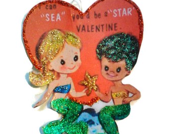Valentine , Valentine Mermaid Decoration , Valentine Ornament , Vintage Boy and Girl Valentine , Nautical Decoration , OOAK