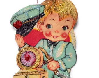 Valentine's Day Ornament Decoration, Vintage Card Imagery Red Glitter Sparkle, Retro Gas Station Boy Recycled Handmade OOAK Ephemera Gift