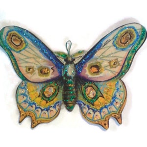 Butterfly Ornaments Decorations, Vintage Imagery Blue Green Glitter Sparkles, Garden Woodland Butterfly Moth Recycled OOAK Ephemera Handmade image 3