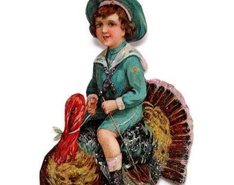 Thanksgiving Ornament Decoration, Vintage Imagery Gold Glitter Sparkle, Boy Riding Turkey Postcard Ornament Handmade Recycled OOAK Ephemera