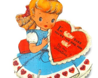 Valentine's Day Ornament Decoration, Vintage Imagery Red Glitter Sparkle, Retro Sewing Yarn Girl Card Recycled Handmade OOAK Ephemera Gift