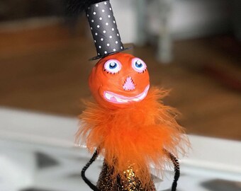 Halloween Pumpkin Man Hat Decoration, Happy Orange Whimsical Happy Black Feather, OOAK Glitter Clay Art Party Festooning Chenille Sprinkles