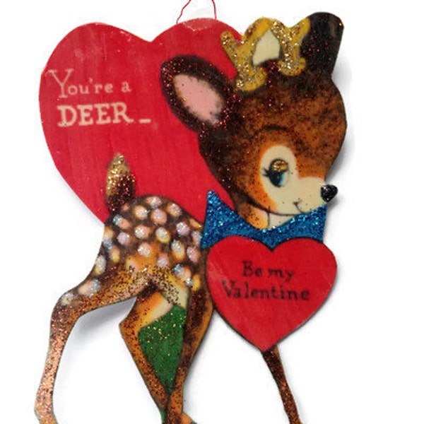 Valentine's Day Ornament Decoration, Vintage Card Imagery Red Glitter Sparkles, Sweet Fawn Deer Heart Love Handmade Recycled OOAK Ephemera