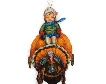 Thanksgiving Ornament Decoration, Vintage Imagery Gold Glitter Sparkles, Turkey Boy Postcard Ornament Handmade Recycled OOAK Ephemera RTS